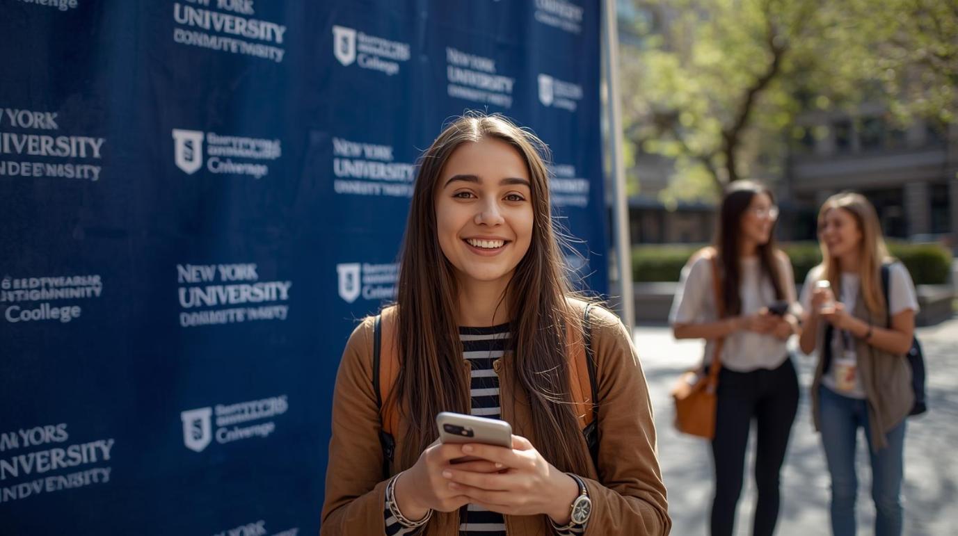 Student smiling in campus photo area while others casually connect nearby.