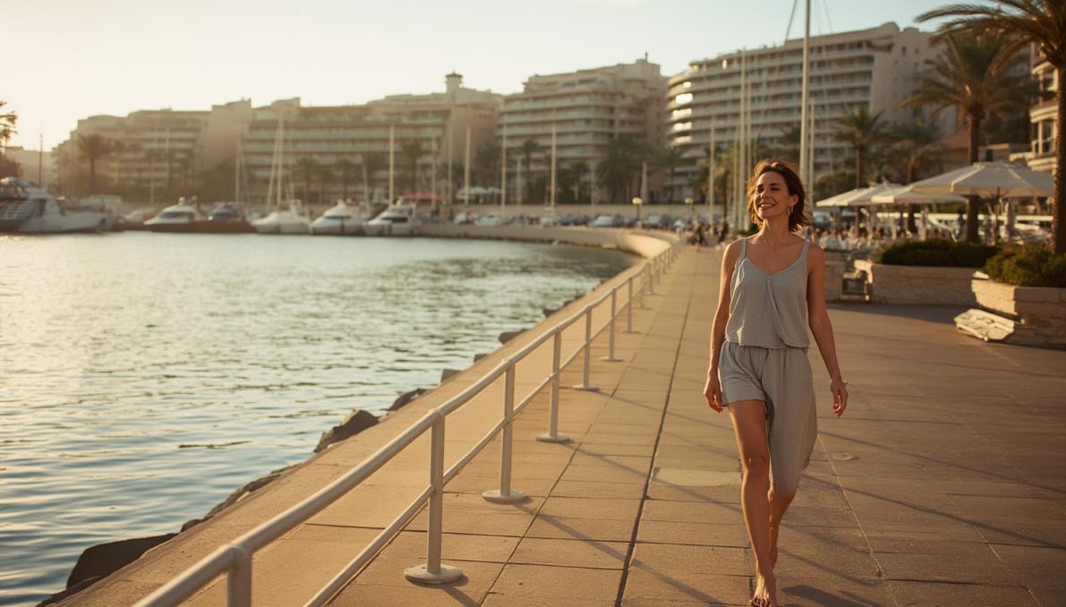 A woman walks peacefully along a sun-filled Mediterranean marina promenade at dawn.