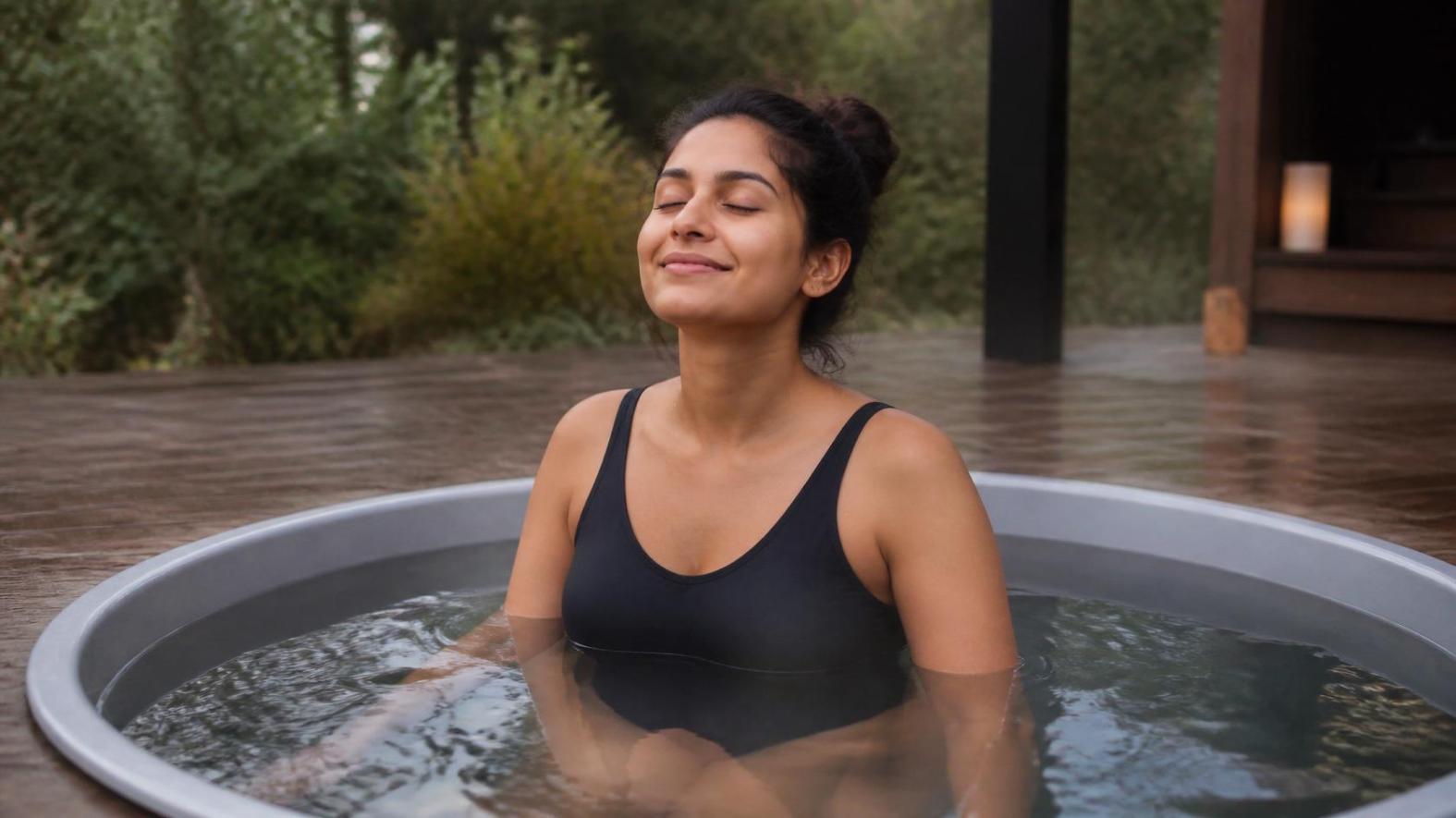 Woman calmly immersed in an outdoor cold plunge tub during a peaceful sunrise wellness routine.